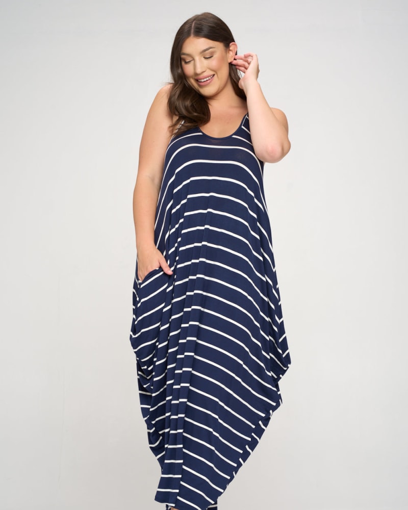 Front of a model wearing a size 1X Sarah Striped Maxi Dress in Navy/Ivory by L I V D. | dia_product_style_image_id:241749